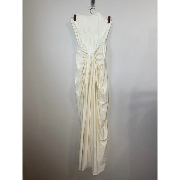 Cream Ruched Draped Strapless Gown Elegant Evening Formal Dress